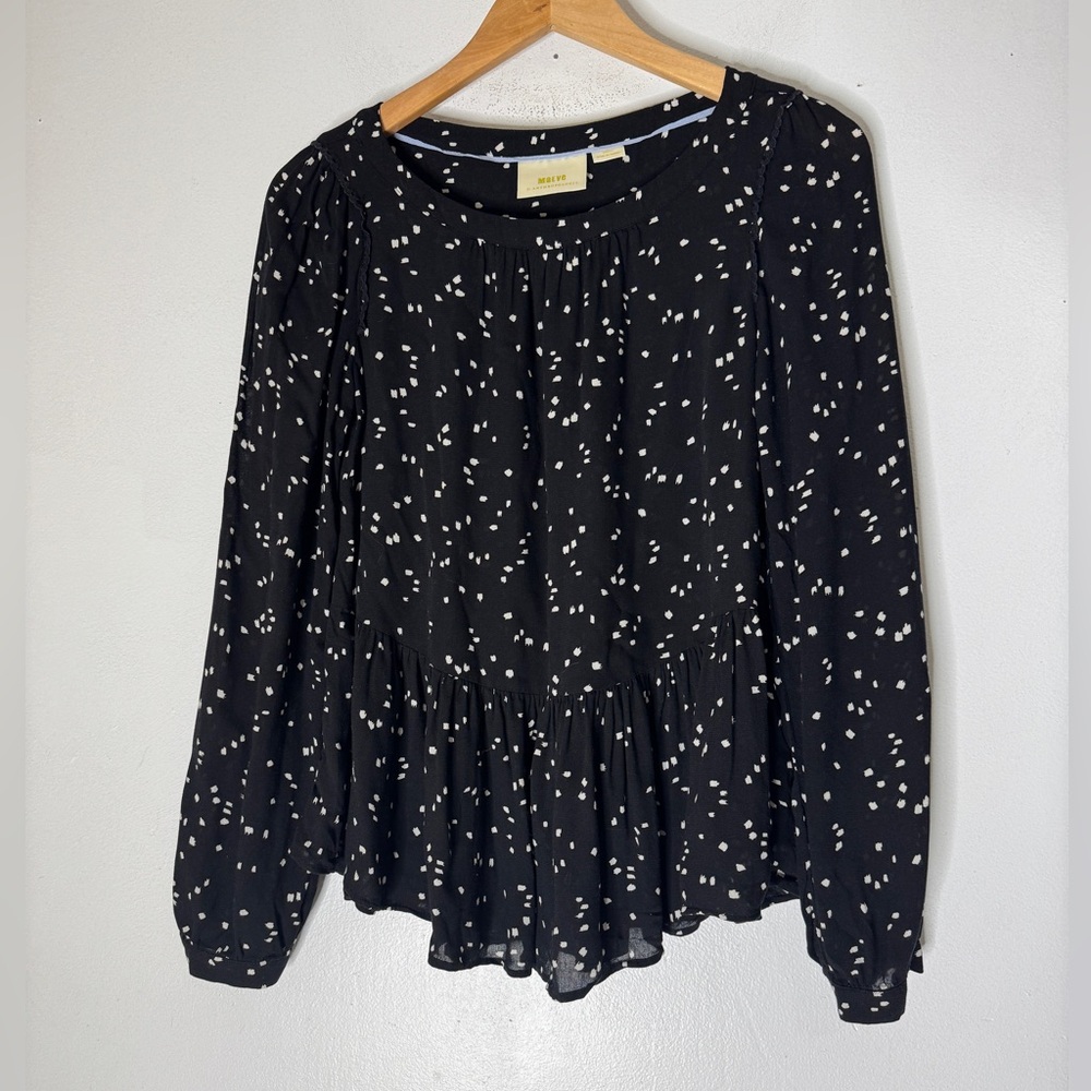 Maeve Cheyenne Size XS Women's Polka Dot Long‎ Sleeve Peplum Blouse Top Black